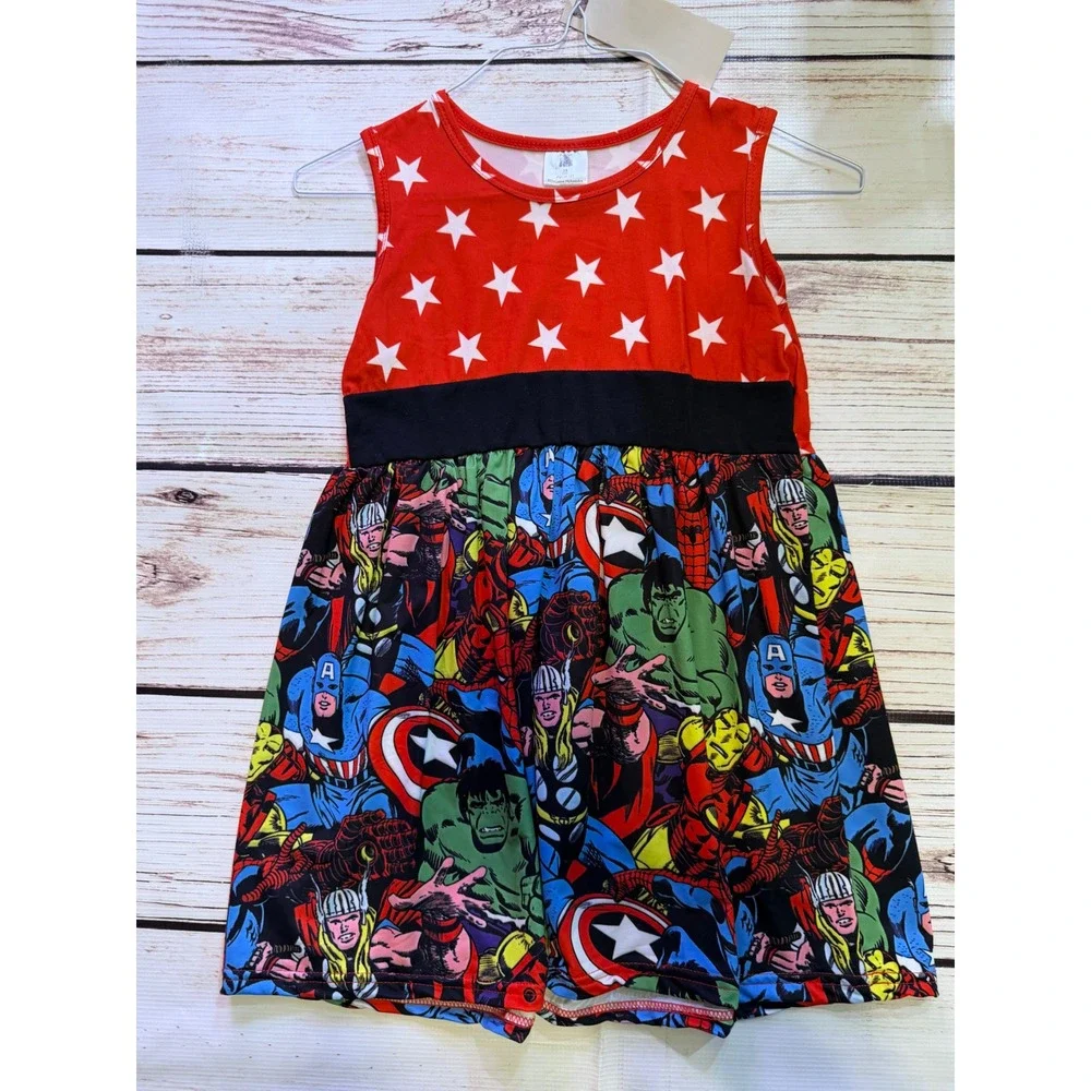 Marvel Avengers Girls Dress Stars Superhero Comic Print Red Blue Size 10-12T NEW